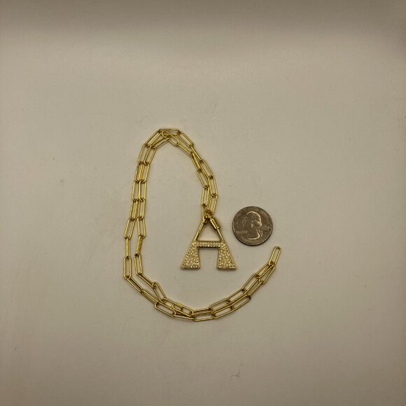 Brass Letter "A" Pendant Cubic Zirconia adjustable 20 inch Paper Clip Chain NEW - Picture 7 of 12
